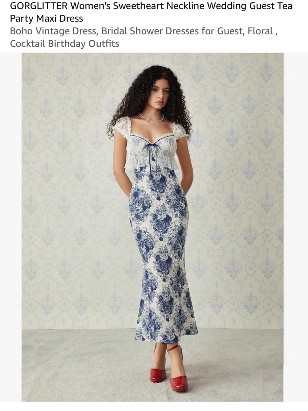 Amazon Blue and White Floral Midi Dress with Lace Cap Sleeves - Picture 7 of 8